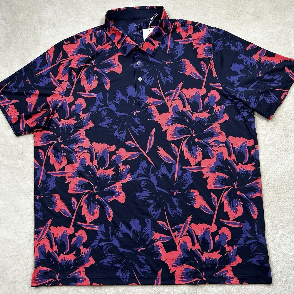 Puma Polo Shirt Mens Medium Stretch Performance Golf Flower Summer Print Mattr